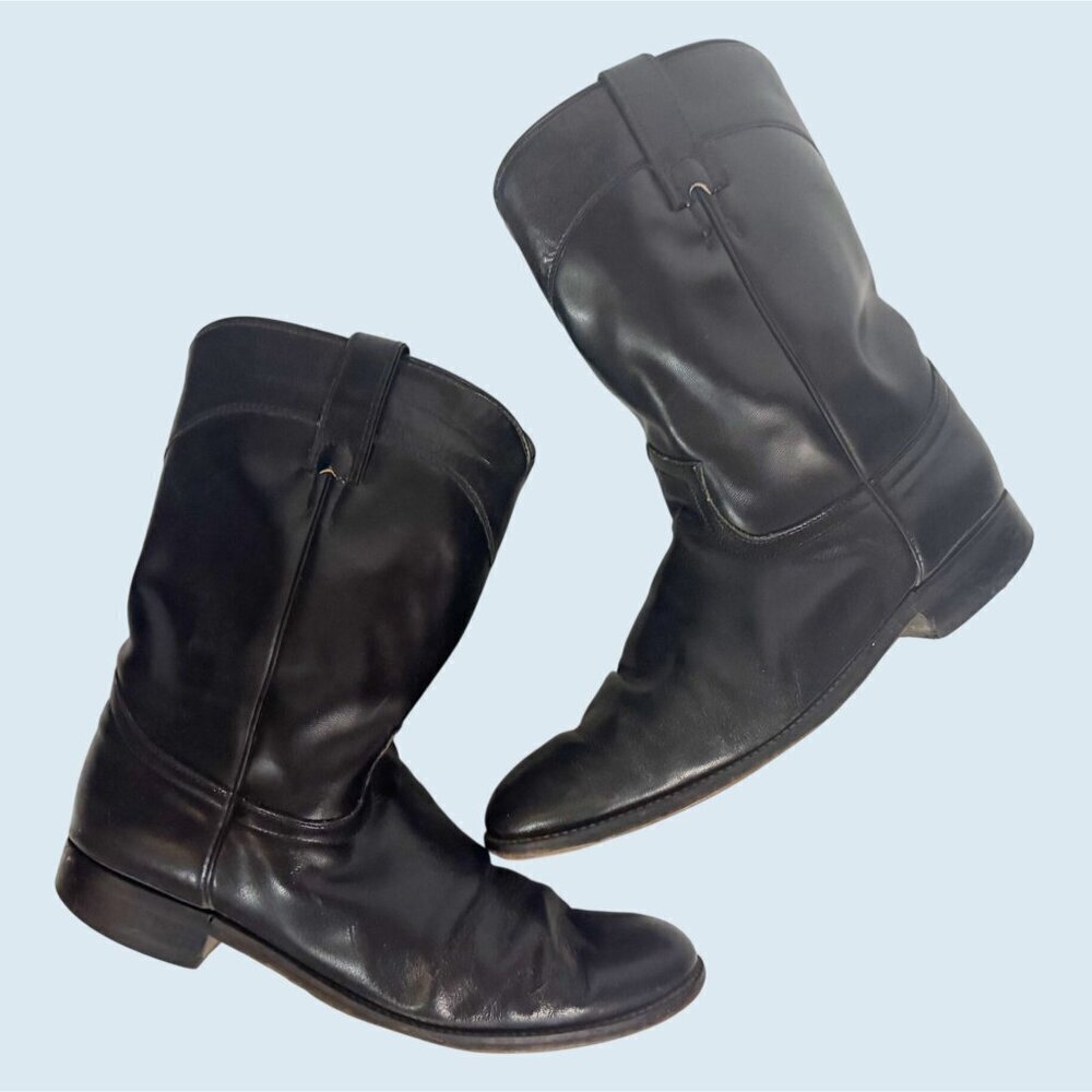 DIAMOND J Western Cowboy Black Leather Boots Size 9